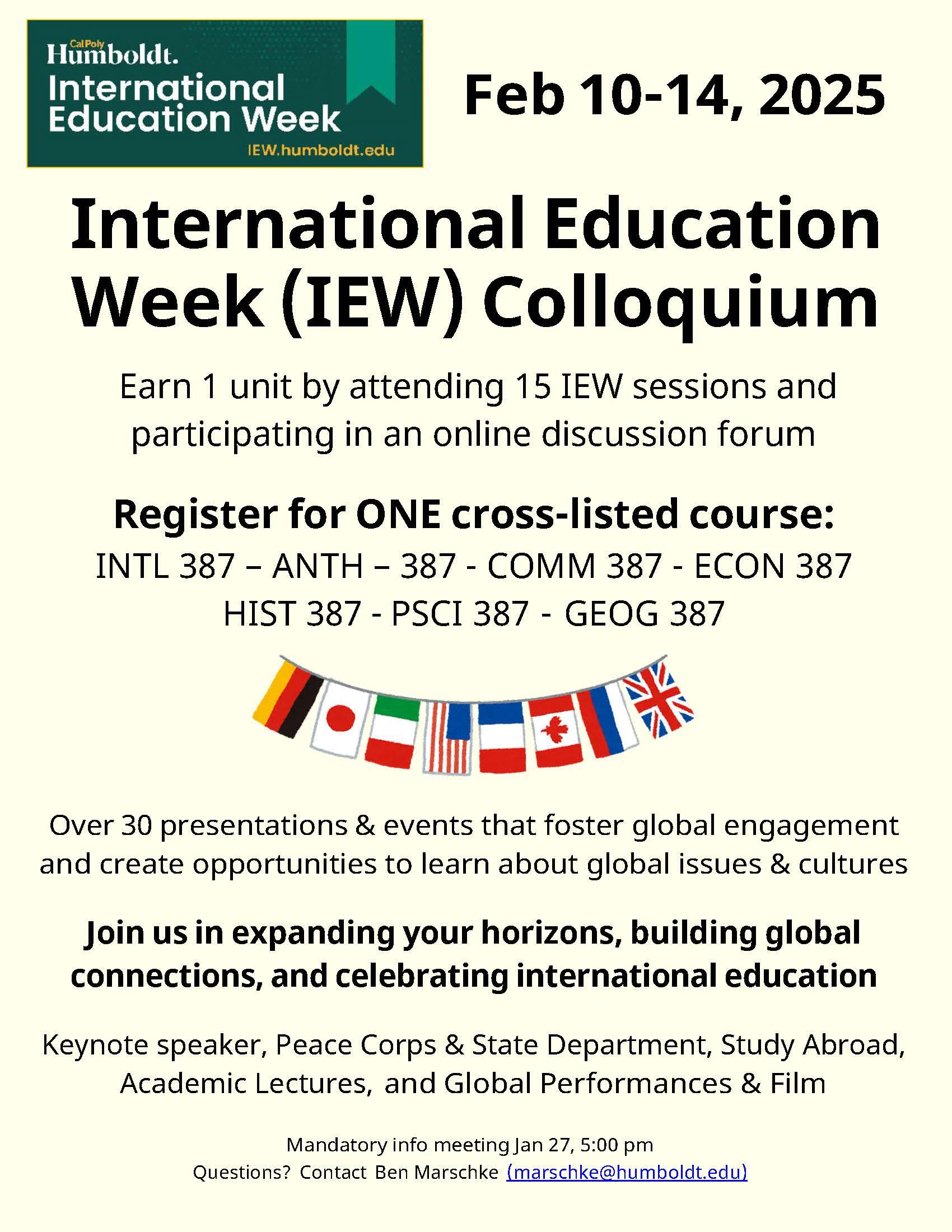 international education week colloquium flier, register for one cross listed course